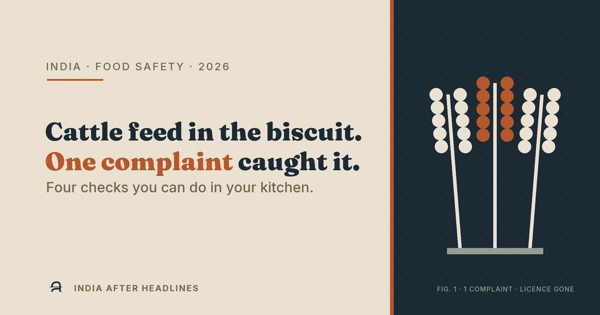 'Cattle feed in the biscuit. One complaint caught it.' — FSSAI food-safety action, October 2026.